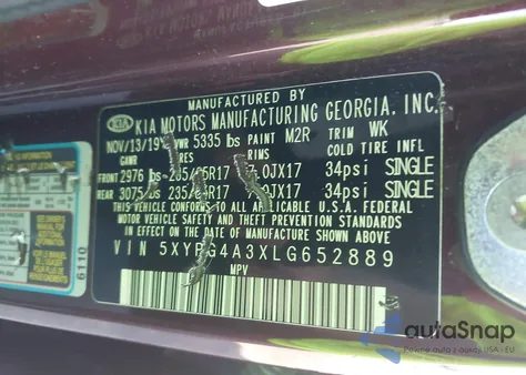 2020 Kia Sorento 2.4L Lx z USA, uszkodzony, nr VIN 5XYPG4A3XLG652889